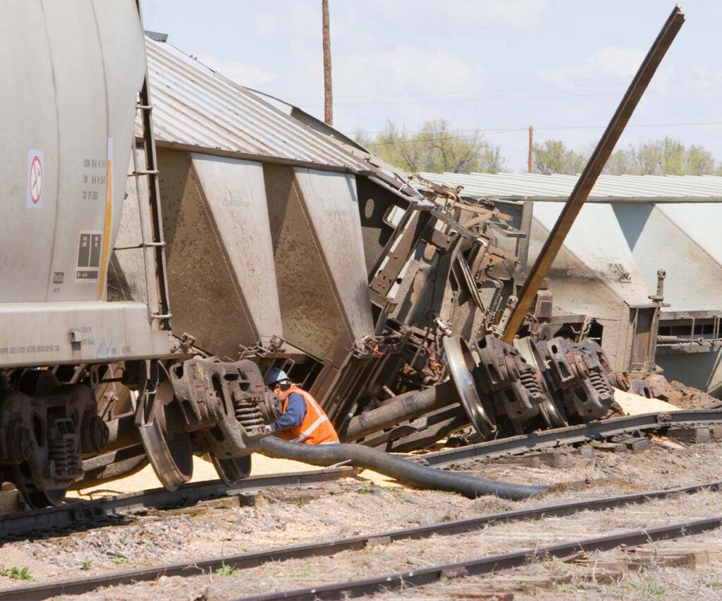Railroad worker examining a train derailment